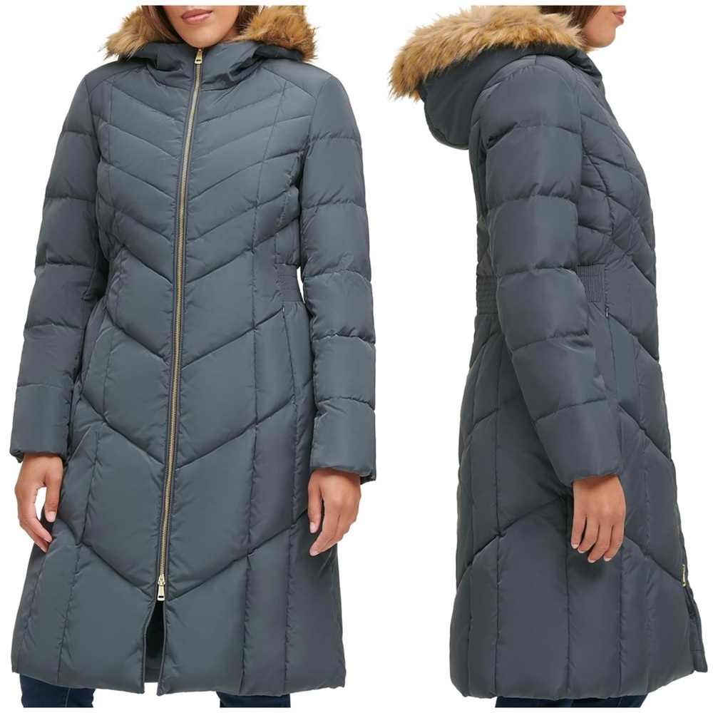 Cole Haan Signature Long Down Puffer Coat Parka w/ Faux-Fur-Trim Hood, Women XL